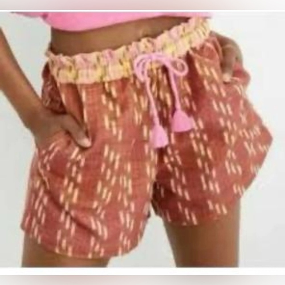 Aerie XL Jacquard Paper bag High Waist Yellow Shock Brown Tassel Front Shorts